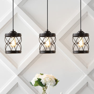Marelle 6.5" Farmhouse Industrial Iron Filigree Caged Jar LED Pendant - JONATHAN Y
